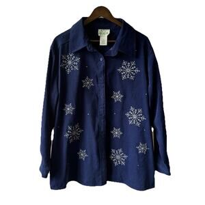 Quacker Factory Women’s 1X Embroidered Christmas Top Snowflake Glitter Novelty